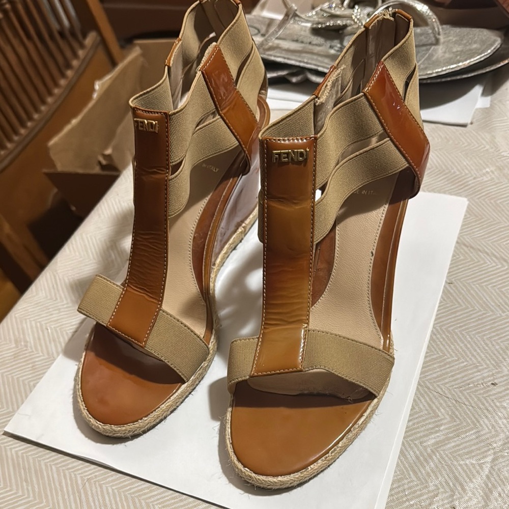 Fendi Tan and Brown Wedge Shoes with Modern Design